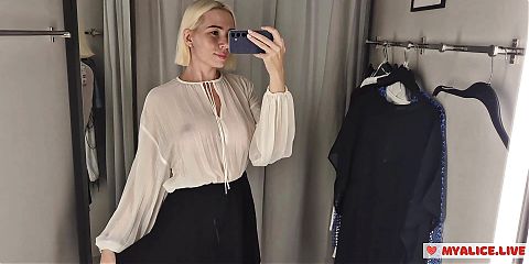 Try On Haul Transparent Clothes with huge tits, at the dressing room.